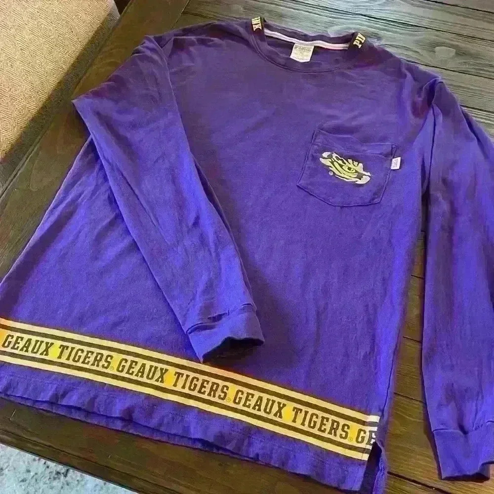 PINK LSU Shirt Long Sleeve Embroidered Women XS Oversized Victoria’s Secret